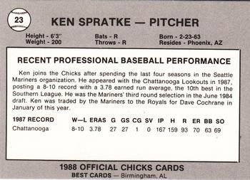 1988 Best Memphis Chicks #23 Ken Spratke Back