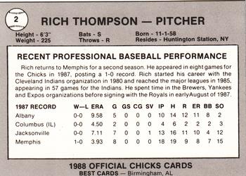 1988 Best Memphis Chicks #2 Rich Thompson Back