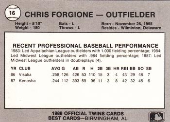 1988 Best Orlando Twins #16 Chris Forgione Back