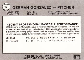 1988 Best Orlando Twins #17 German Gonzalez Back
