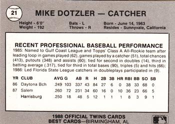1988 Best Orlando Twins #21 Mike Dotzler Back