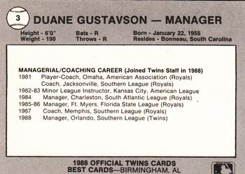 1988 Best Orlando Twins #3 Duane Gustavson Back