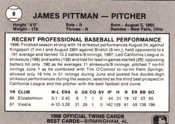 1988 Best Orlando Twins #8 Park Pittman Back