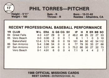 1988 Best San Antonio Missions #17 Phil Torres Back