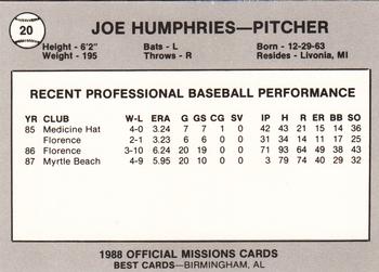 1988 Best San Antonio Missions #20 Joe Humphries Back