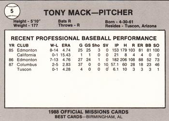 1988 Best San Antonio Missions #5 Tony Mack Back