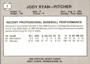 1988 Best San Bernardino Spirit #7 Jody Ryan Back