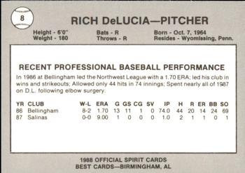 1988 Best San Bernardino Spirit #8 Rich DeLucia Back