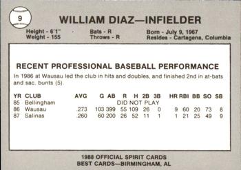 1988 Best San Bernardino Spirit #9 William Diaz Back