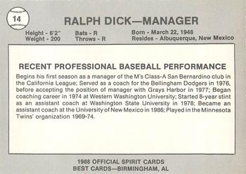 1988 Best San Bernardino Spirit #14 Ralph Dick Back
