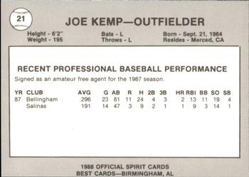 1988 Best San Bernardino Spirit #21 Joe Kemp Back