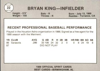 1988 Best San Bernardino Spirit #22 Bryan King Back