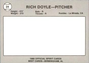 1988 Best San Bernardino Spirit #24 Rich Doyle Back