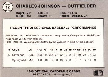 1988 Best Springfield Cardinals #12 Charles Johnson Back