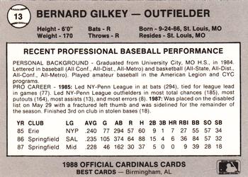 1988 Best Springfield Cardinals #13 Bernard Gilkey Back