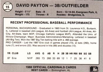 1988 Best Springfield Cardinals #15 David Payton Back