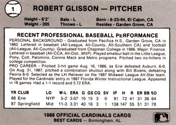1988 Best Springfield Cardinals #1 Robert Glisson Back