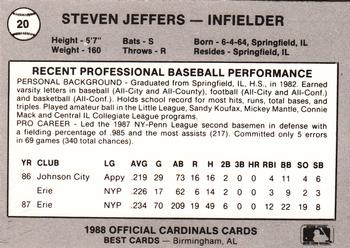 1988 Best Springfield Cardinals #20 Steven Jeffers Back