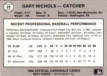 1988 Best Springfield Cardinals #23 Gary Nichols Back