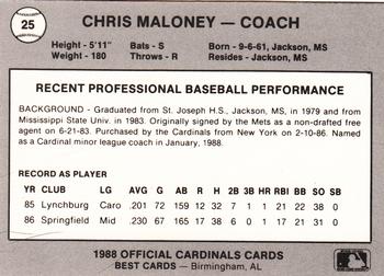 1988 Best Springfield Cardinals #25 Chris Maloney Back