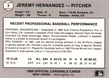 1988 Best Springfield Cardinals #3 Jeremy Hernandez Back