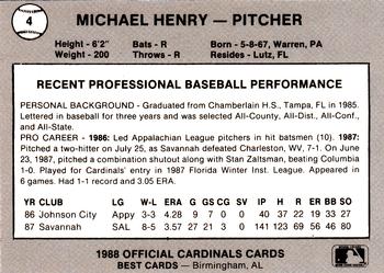 1988 Best Springfield Cardinals #4 Michael Henry Back