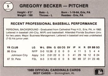 1988 Best Springfield Cardinals #5 Gregory Becker Back