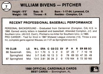 1988 Best Springfield Cardinals #7 William Bivens Back
