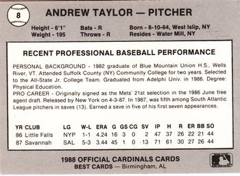 1988 Best Springfield Cardinals #8 Andrew Taylor Back