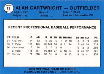 1988 Best El Paso Diablos - Platinum #13 Alan Cartwright Back