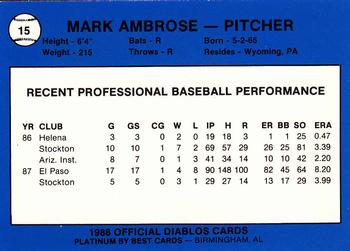 1988 Best El Paso Diablos - Platinum #15 Mark Ambrose Back