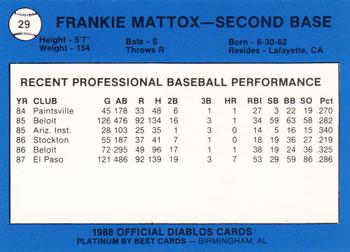 1988 Best El Paso Diablos - Platinum #29 Frankie Mattox Back