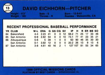 1988 Best San Antonio Missions - Platinum #13 David Eichhorn Back