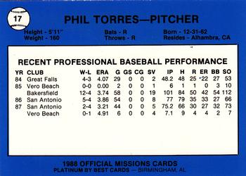 1988 Best San Antonio Missions - Platinum #17 Phil Torres Back