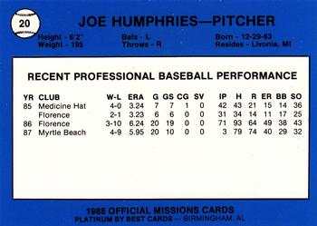 1988 Best San Antonio Missions - Platinum #20 Joe Humphries Back