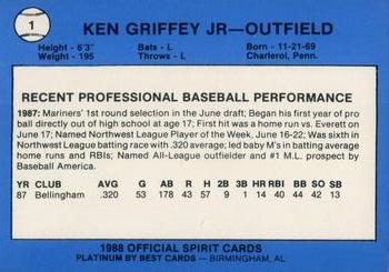 1988 Best San Bernardino Spirit - Platinum #1 Ken Griffey Jr. Back