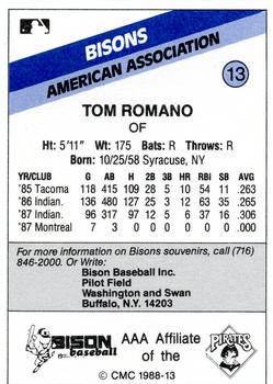 1988 CMC Buffalo Bisons #13 Tom Romano Back