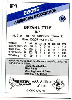 1988 CMC Buffalo Bisons #16 Bryan Little Back