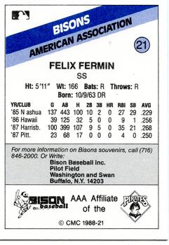 1988 CMC Buffalo Bisons #21 Felix Fermin Back