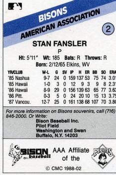 1988 CMC Buffalo Bisons #2 Stan Fansler Back