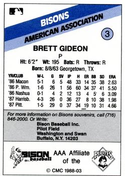 1988 CMC Buffalo Bisons #3 Brett Gideon Back