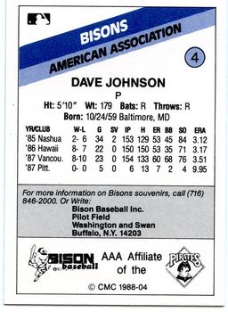 1988 CMC Buffalo Bisons #4 Dave Johnson Back