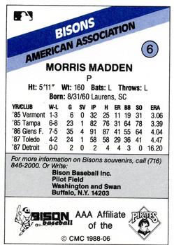 1988 CMC Buffalo Bisons #6 Morris Madden Back