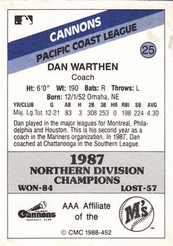1988 CMC Calgary Cannons #25 Dan Warthen Back