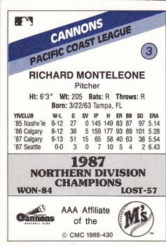 1988 CMC Calgary Cannons #3 Rich Monteleone Back
