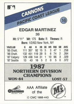 1988 CMC Calgary Cannons #16 Edgar Martinez Back
