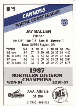 1988 CMC Calgary Cannons #5 Jay Baller Back