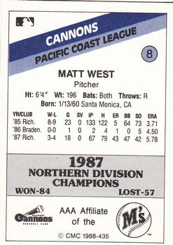 1988 CMC Calgary Cannons #8 Matt West Back