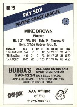 1988 CMC Colorado Springs Sky Sox #2 Mike Brown Back