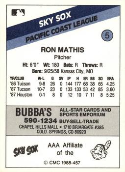 1988 CMC Colorado Springs Sky Sox #5 Ron Mathis Back